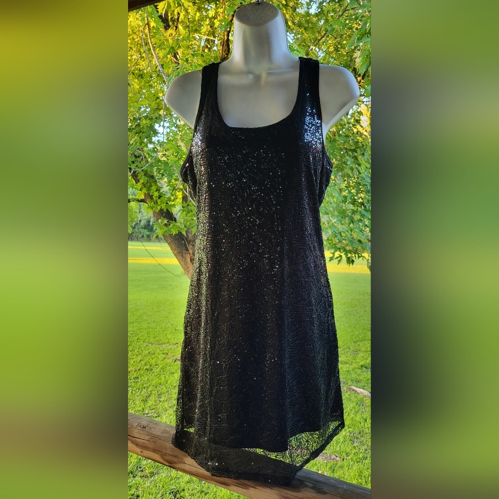 Vintage Pink Rose premium quality black  tank sequin dress size med